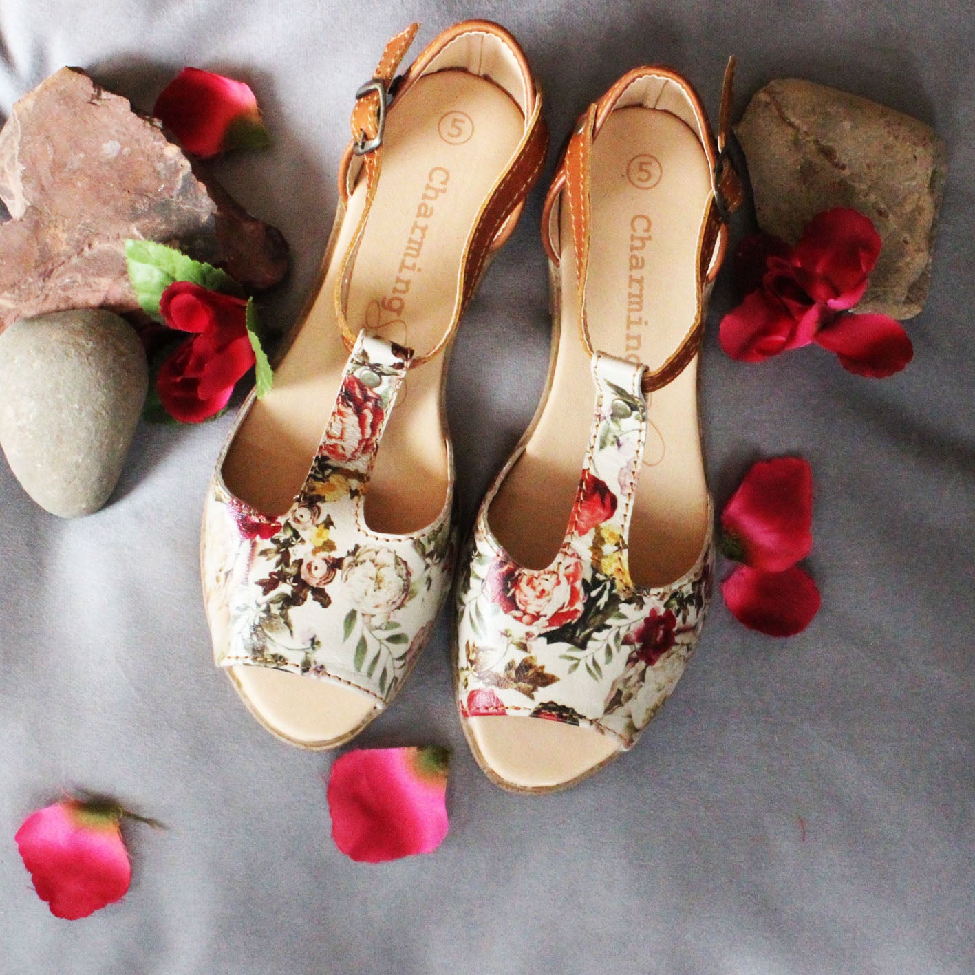 SALE Floral Tan TBar Sandal