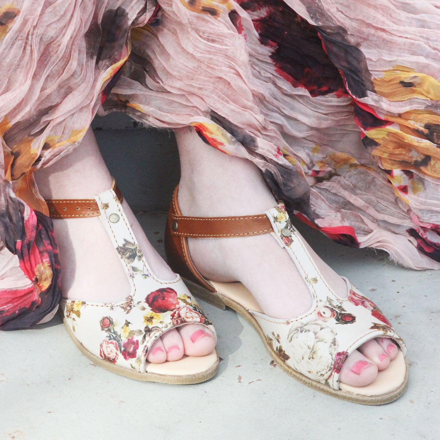 SALE Floral Tan TBar Sandal