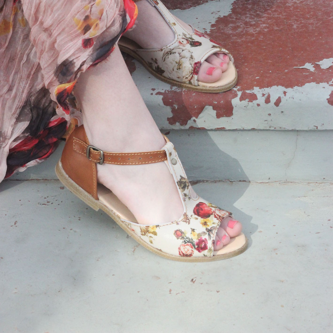 SALE Floral Tan TBar Sandal